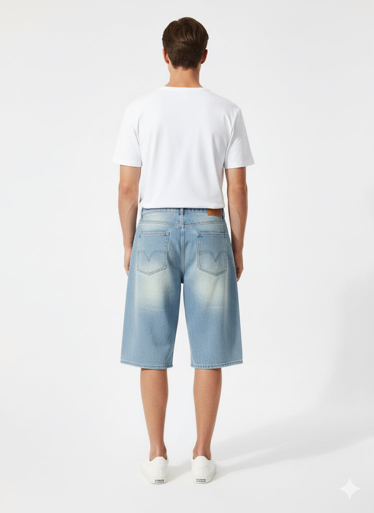 Fs44 1114 Men's Loose Fit Wide-Leg Denim Culotte Shorts - Vintage Wash Jean Jorts