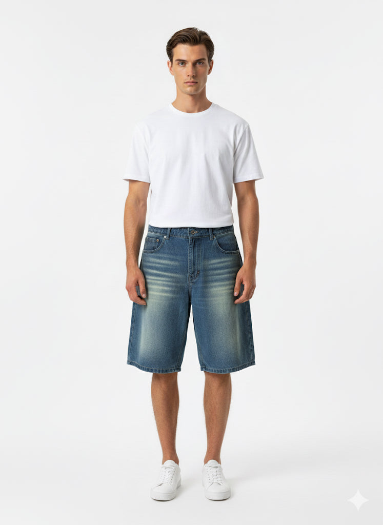 Fs44 1114 Men's Loose Fit Wide-Leg Denim Culotte Shorts - Vintage Wash Jean Jorts
