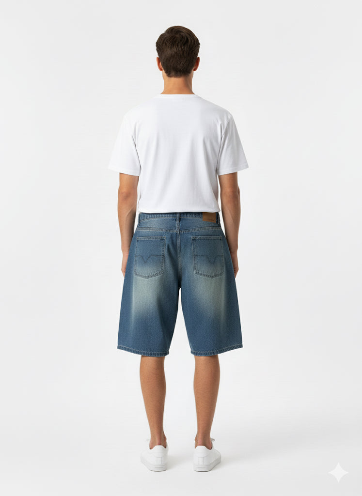 Fs44 1114 Men's Loose Fit Wide-Leg Denim Culotte Shorts - Vintage Wash Jean Jorts