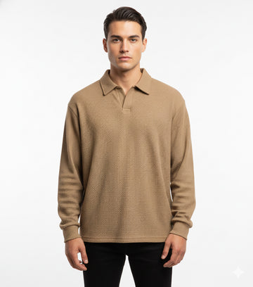 Fs44 1115 Men's Oversized Waffle Knit Long Sleeve Polo Shirt