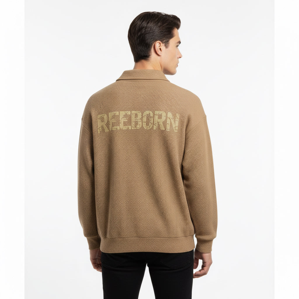 Fs44 1115 Men's Oversized Waffle Knit Long Sleeve Polo Shirt