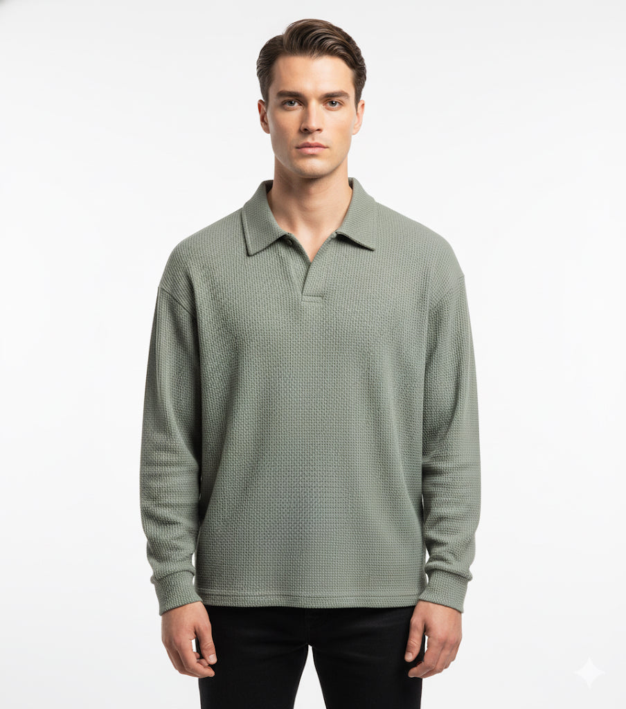 Fs44 1115 Men's Oversized Waffle Knit Long Sleeve Polo Shirt