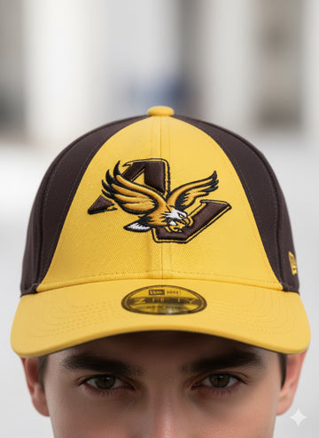 Fs44 1118 New Era 59FIFTY Fitted Hat - Brown & Gold Eagle Mascot Logo Cap