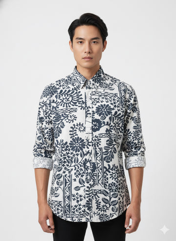 Fs44 1121 Men's Navy and White Floral Print Casual Shirt