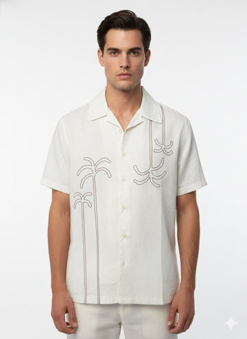 Fs44 1124 Luxury Linen-Blend Palm Printed Shirt