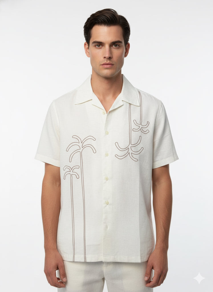 Fs44 1124 Luxury Linen-Blend Palm Printed Shirt