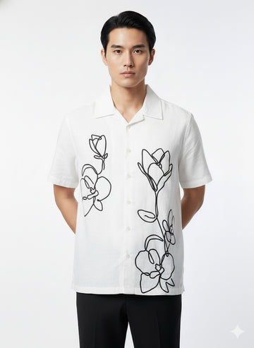 Fs44 1125 Men's Abstract Line Art Floral Cuban Collar Shirt
