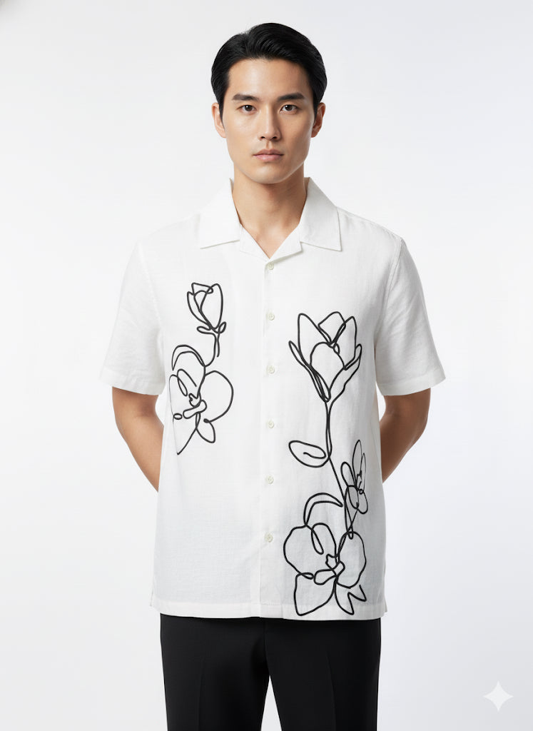 Fs44 1125 Men's Abstract Line Art Floral Cuban Collar Shirt