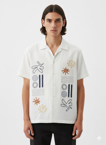 FS44 1126 Men's Abstract Printed Camp Collar Shirt in Off-White