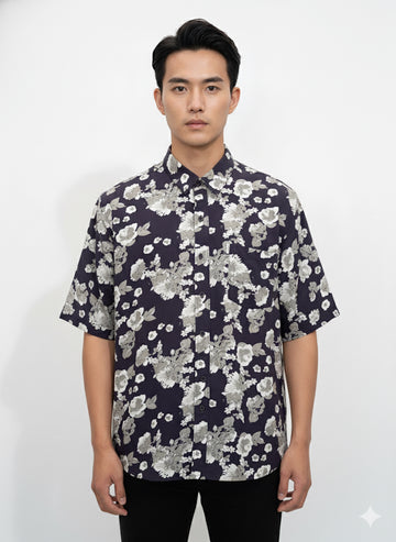 Fs44 1134 Men's Oversized Floral Print Camp Collar Shirt