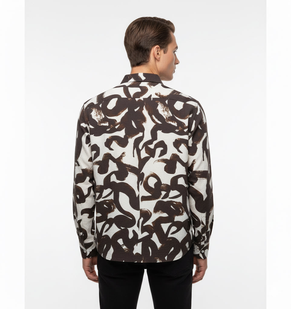 Fs44 1136 Men's Abstract Brushstroke Print Long-Sleeve Button-Up Shirt
