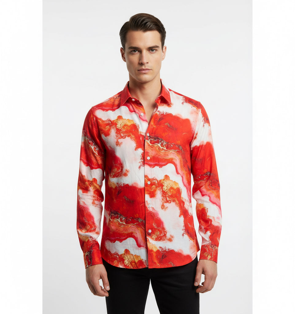 Fs44 1139 Men's Abstract Marble Print Slim Fit Dress Shirt