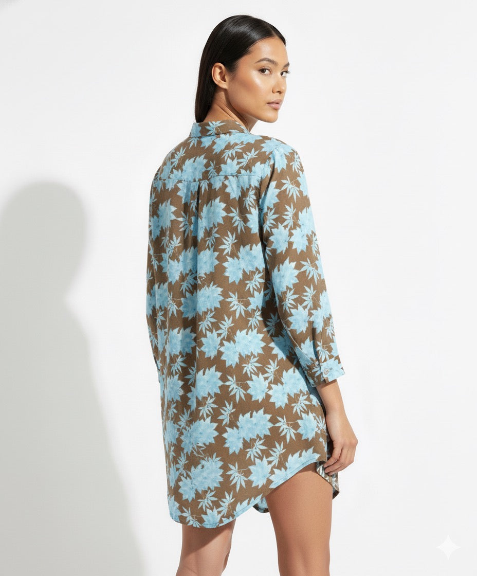 Fs44 1057 Women's Brown & Blue Cannabis Leaf Print High-Low Tunic Shirt