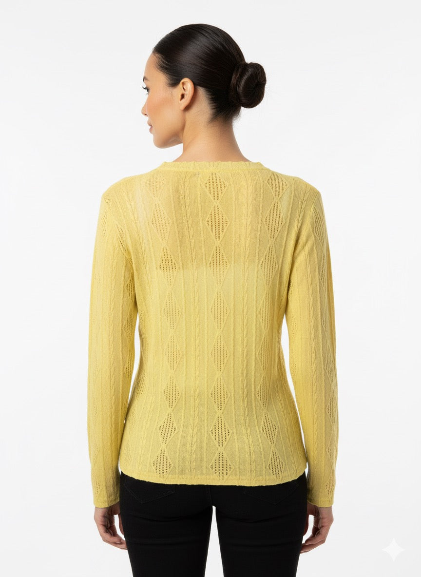Fs44 1055 Elegant Tie-Neck Detail Knit Top - Lightweight Yellow Long Sleeve Pullover