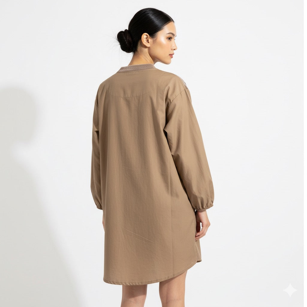 Fs44 1056 Ribbed Panel Mock Neck Tunic Blouse in Tan