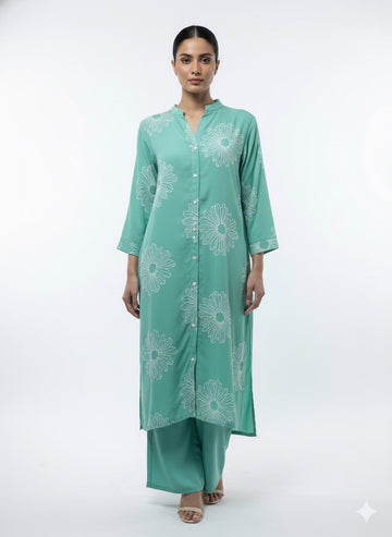Fs44 1067 Aqua Floral Embroidered Kurta Set