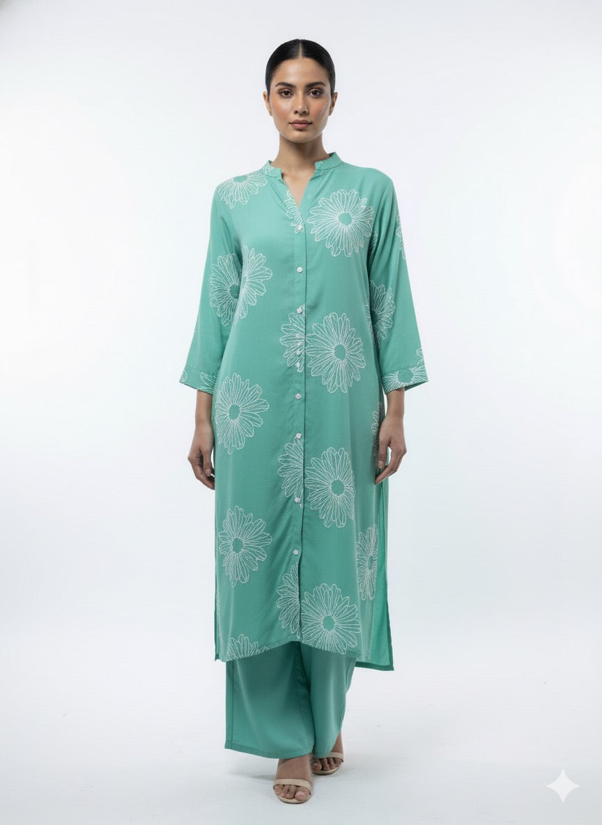 Fs44 1067 Aqua Floral Embroidered Kurta Set