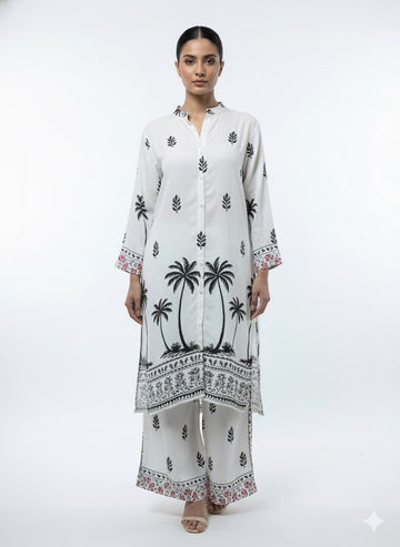 Fs44 1064 Black & White Printed Collared Shirt and Wide-Leg Pant Set