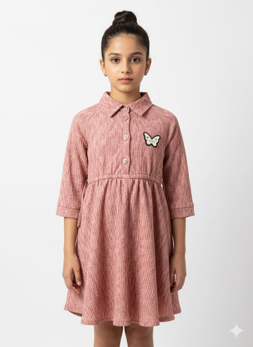 FS44 2064  Toddler/Girl's Ribbed Knit Pink Dress with Butterfly Appliqué