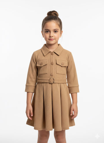 FS44 2065 Kids' Camel Texture Knit Collared Dress