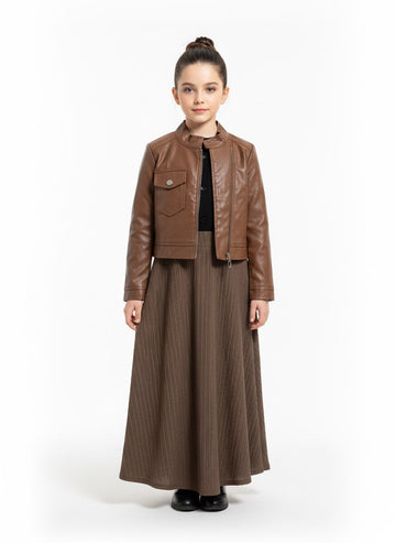 FS44 2068 Girls' Brown Faux Leather Cropped Biker Jacket