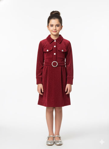 FS44 2067 Girls' Shimmering Red Belted Shirt Dress