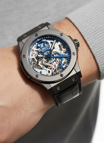 Fs44 1021 Men's Luxury Skeleton Watch with Blue Accents and Leather Strap