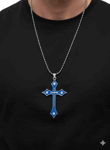 Fs44 1034 Blue Enamel Gothic Cross Necklace with Crystal Accents - Ball Chain