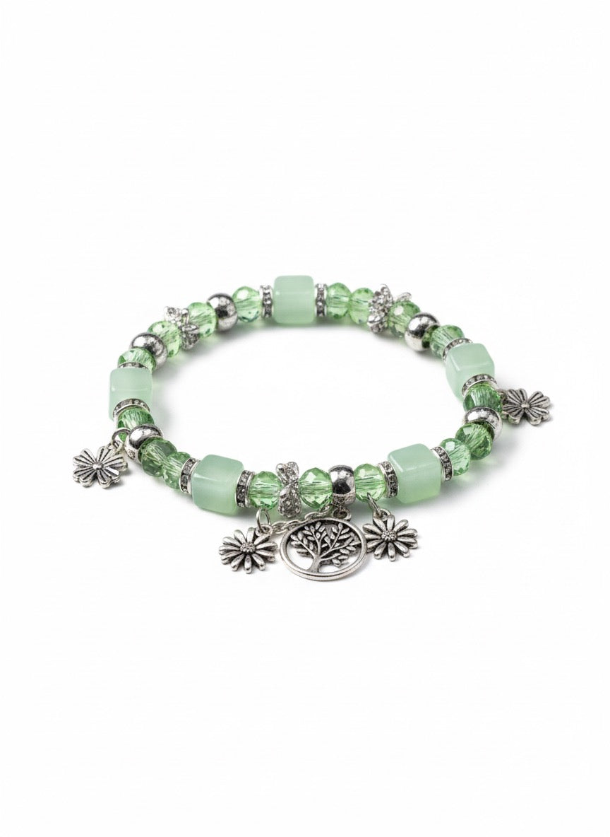 Fs44 1077  Rose Quartz Beaded Bracelet with Tree of Life & Feather Charms