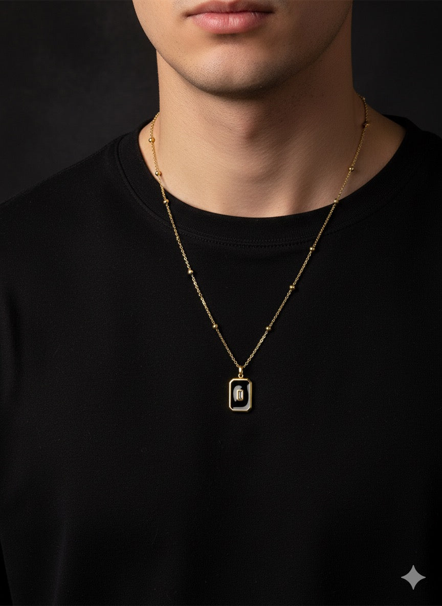 FS44 1080 Men's Gold-Tone Beaded Chain Necklace with Rectangular Pendant