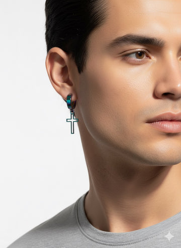 Fs44 1091  Men's Iridescent Blue-Green Cross Dangle Hoop Earring