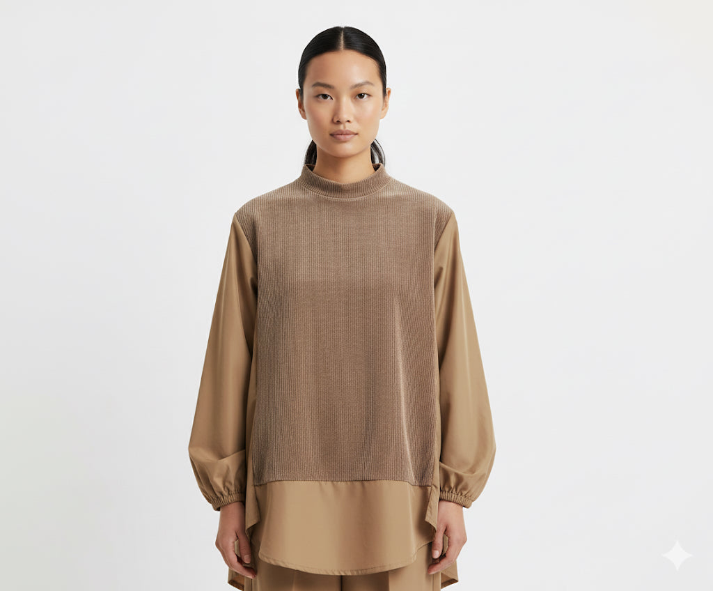 Fs44 1056 Ribbed Panel Mock Neck Tunic Blouse in Tan