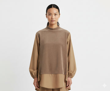 Fs44 1056 Ribbed Panel Mock Neck Tunic Blouse in Tan