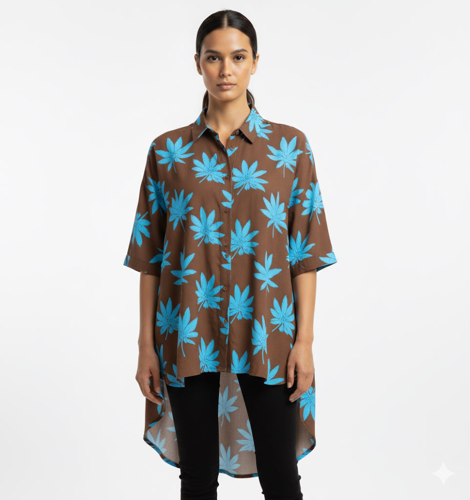 Fs44 1057 Women's Brown & Blue Cannabis Leaf Print High-Low Tunic Shirt