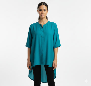 Fs44 1055 Teal High-Low Hem Tunic Blouse | Oversized Mandarin Collar Shirt