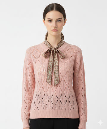 Fs44 1058 Soft Pink Long Sleeve Crewneck Sweater with Openwork Diamond Knit and Floral Neck Tie