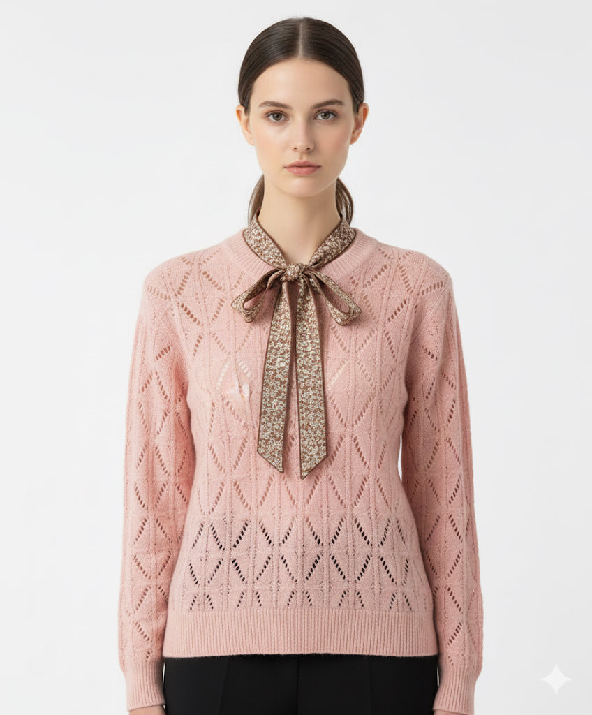 Fs44 1058 Soft Pink Long Sleeve Crewneck Sweater with Openwork Diamond Knit and Floral Neck Tie