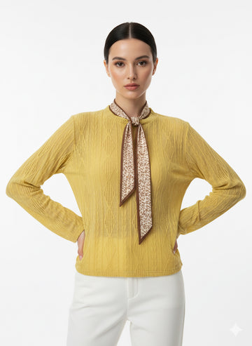 Fs44 1055 Elegant Tie-Neck Detail Knit Top - Lightweight Yellow Long Sleeve Pullover