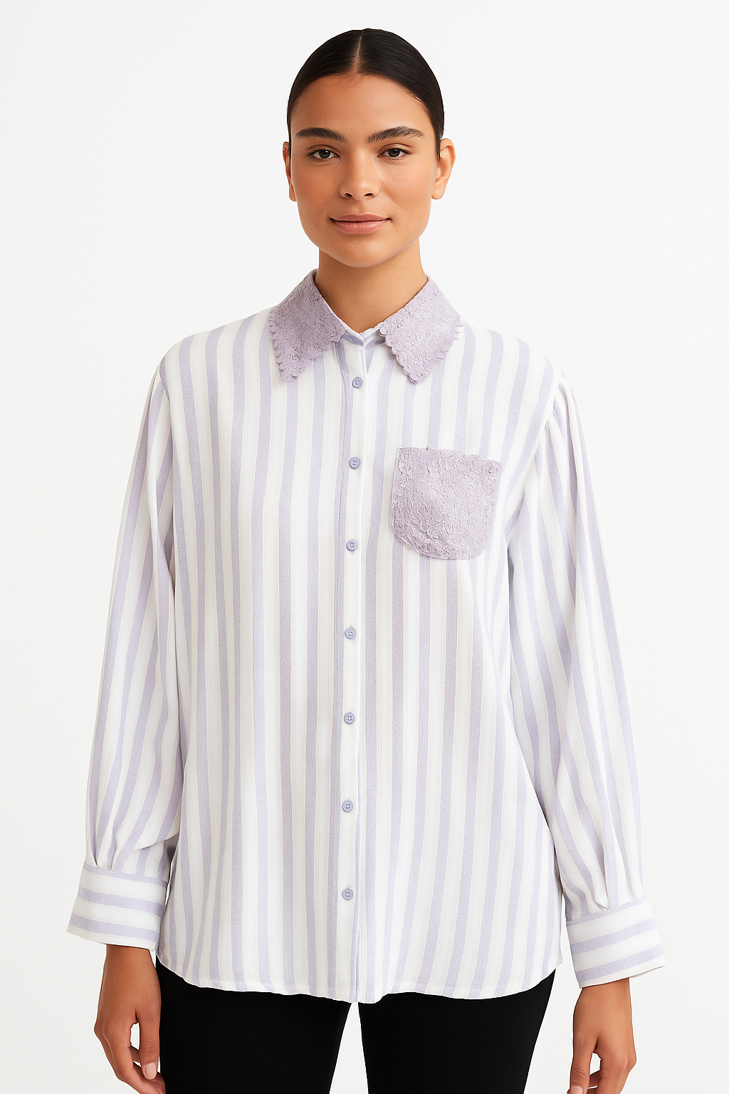 Fs44 1024 Women's Striped Lace-Trim Collar Button-Up Blouse