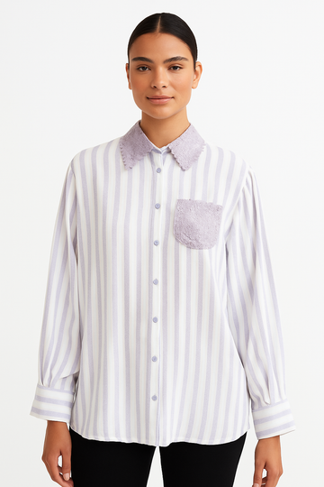Fs44 1024 Women's Striped Lace-Trim Collar Button-Up Blouse