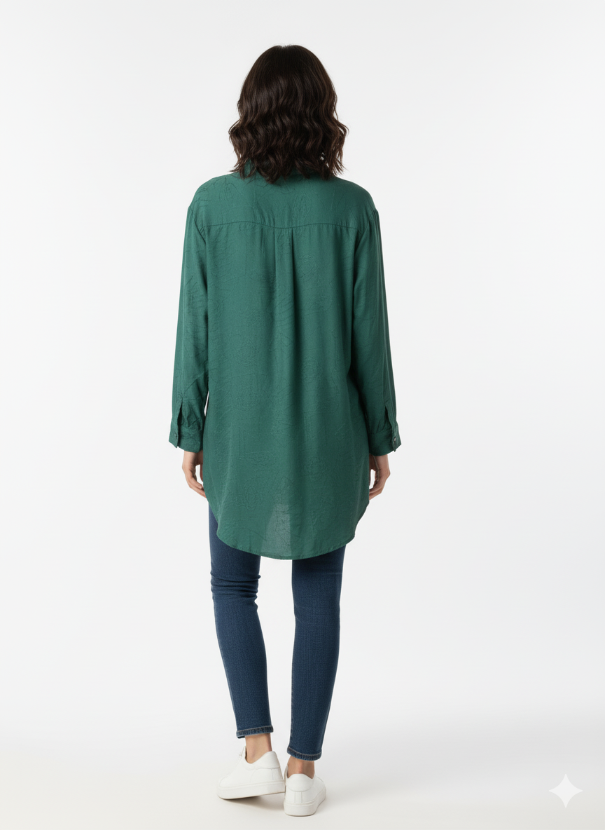 Fs44 1020 Forest Green Relaxed Fit Button-Up Tunic Shirt