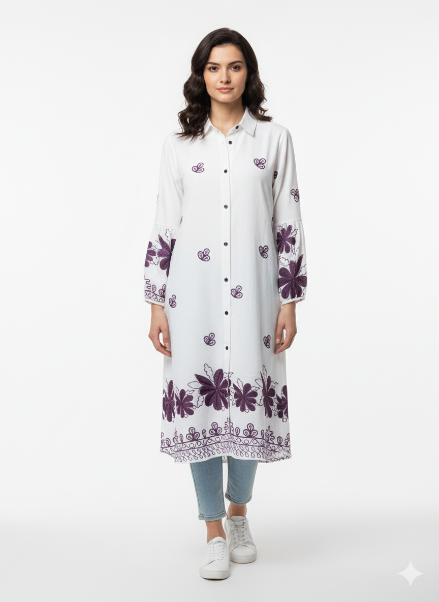 Fs44 1008 White Tunic Shirt Dress with Purple Floral Embroidery - Button Front