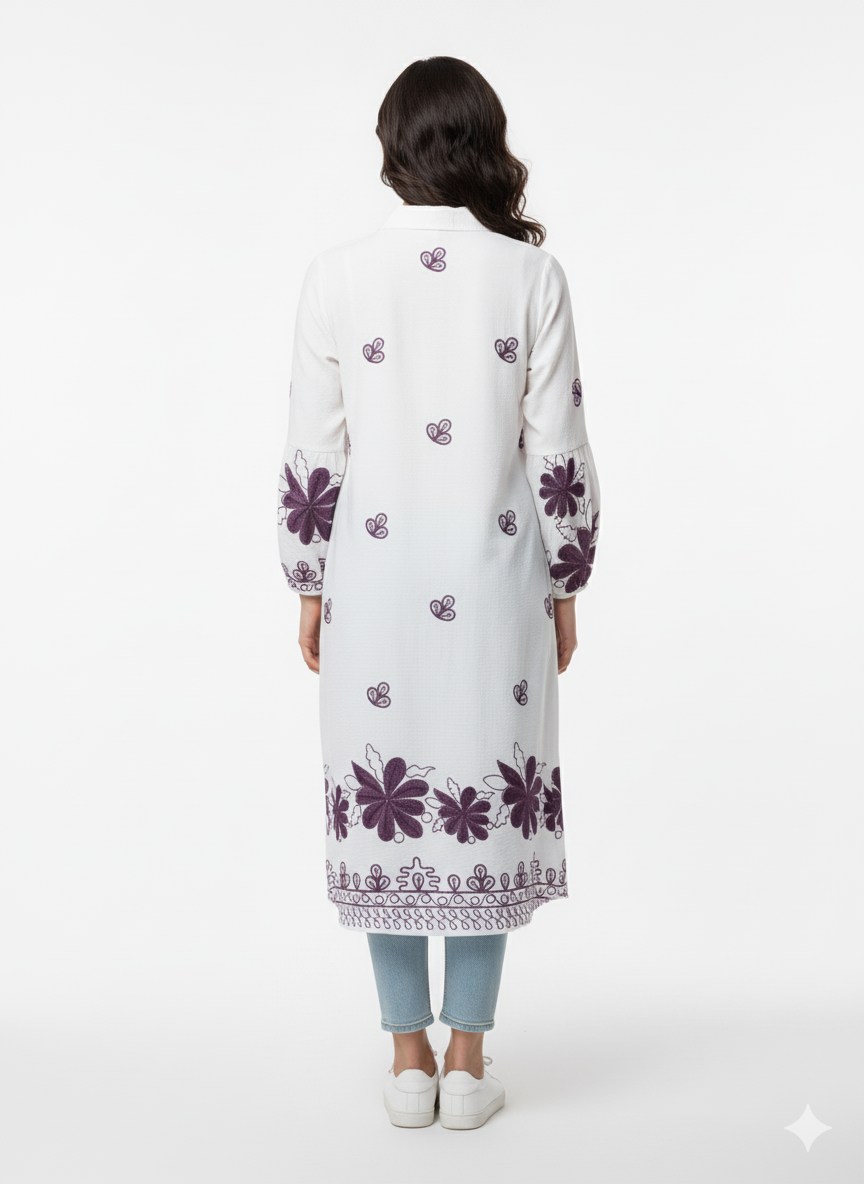 Fs44 1008 White Tunic Shirt Dress with Purple Floral Embroidery - Button Front