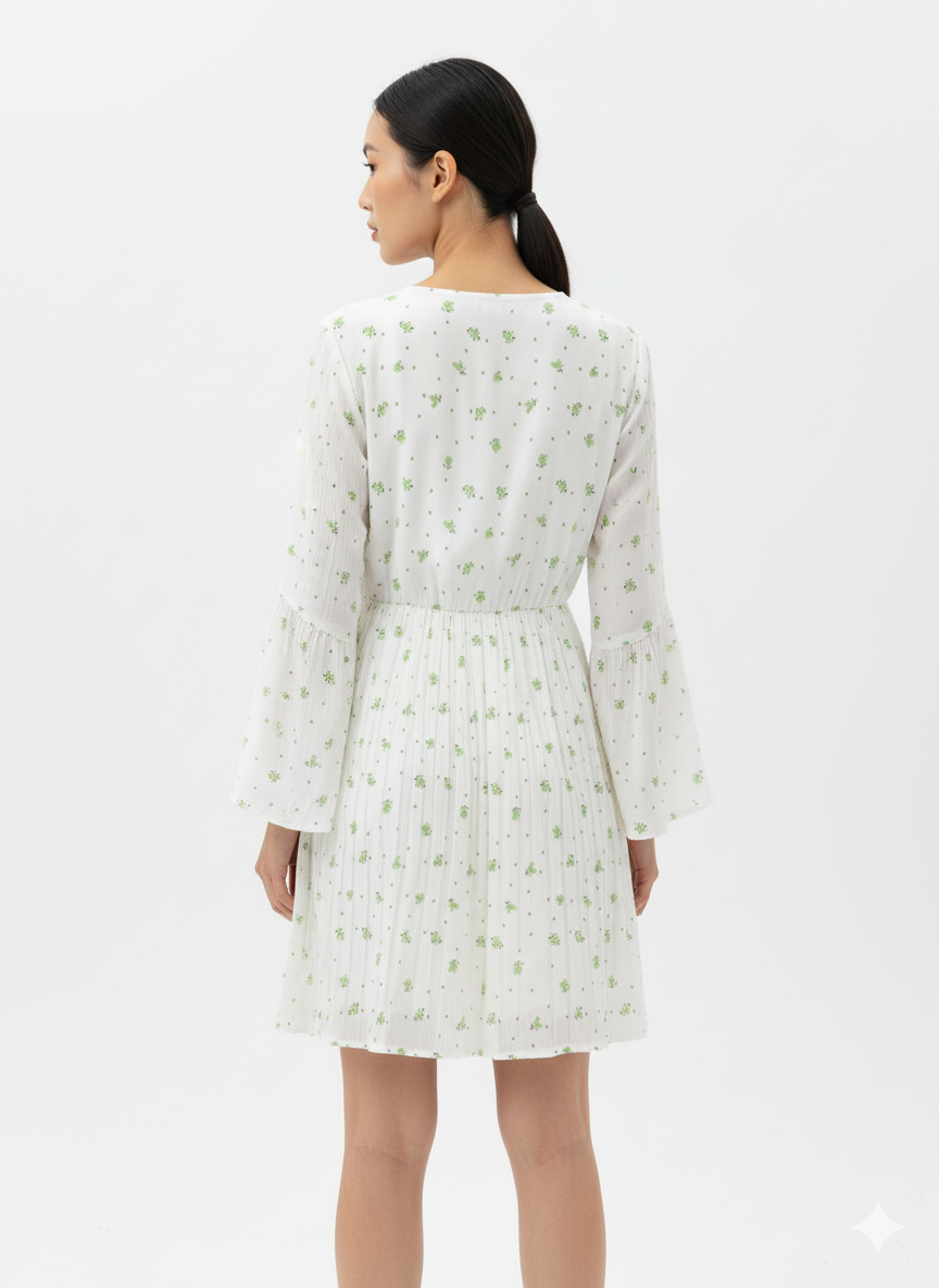 Fs44 1009 Chiffon Mini Dress with Ditsy Green Print and Flared Sleeves
