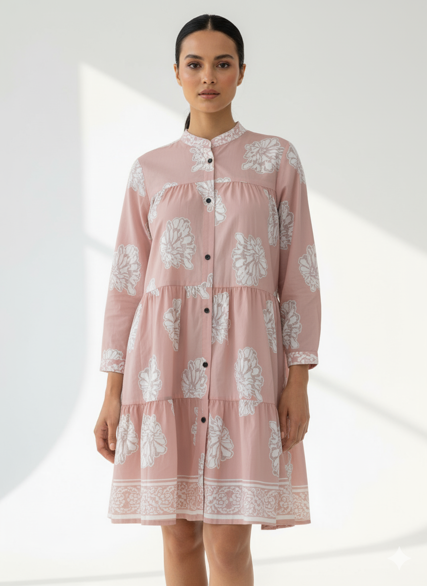 Fs44 1007 Women's Pink Long Sleeve Button-Up Midi Dress Collection - Casual & Stylish