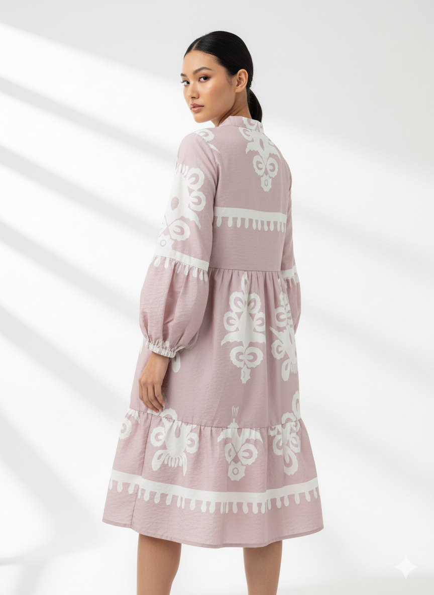 Fs44 1007 Women's Pink Long Sleeve Button-Up Midi Dress Collection - Casual & Stylish