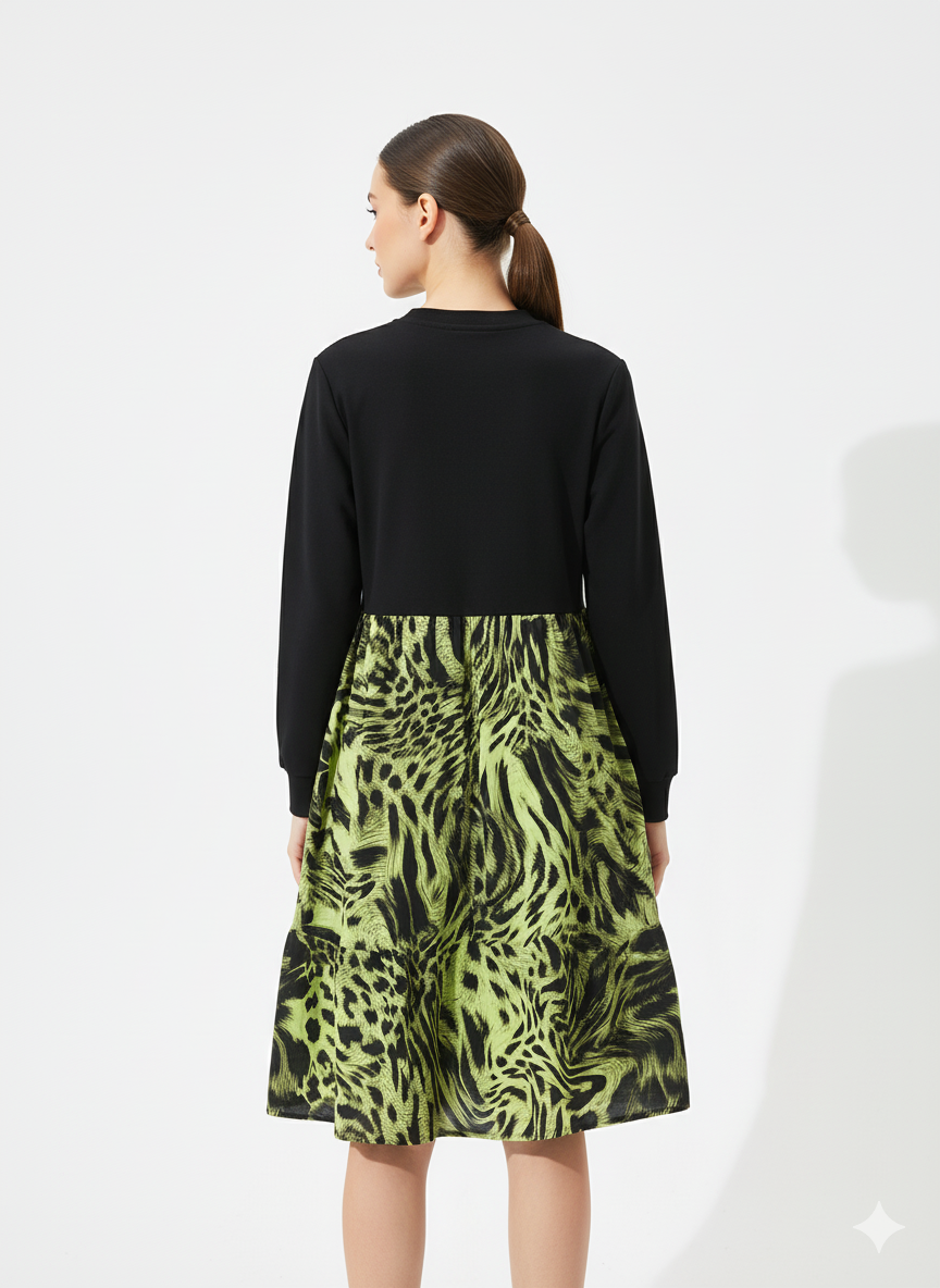 Fs44 1013 Animal Print Contrast Sweatshirt Dress with Chiffon Skirt