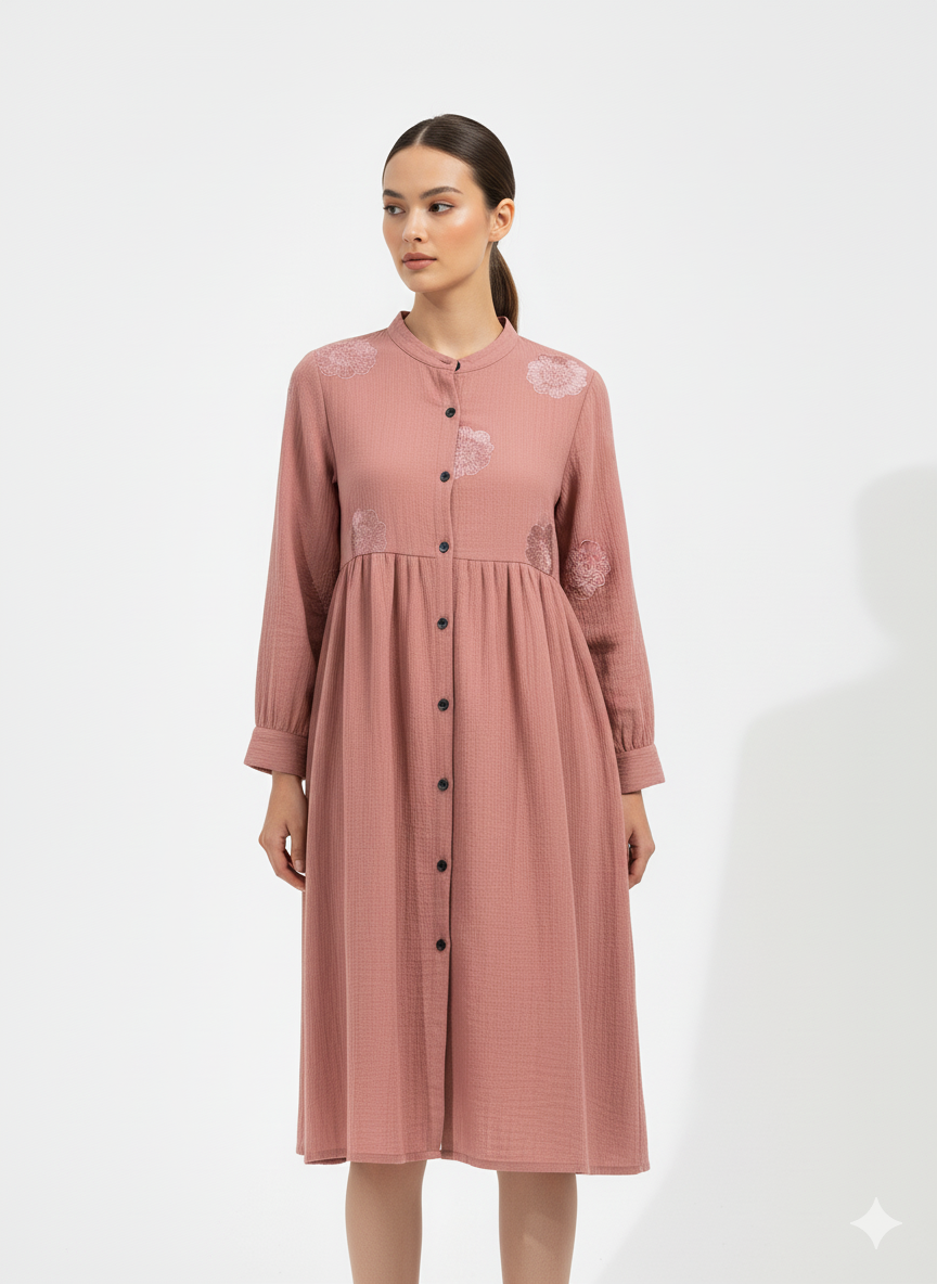 Fs44 1007 Women's Pink Long Sleeve Button-Up Midi Dress Collection - Casual & Stylish