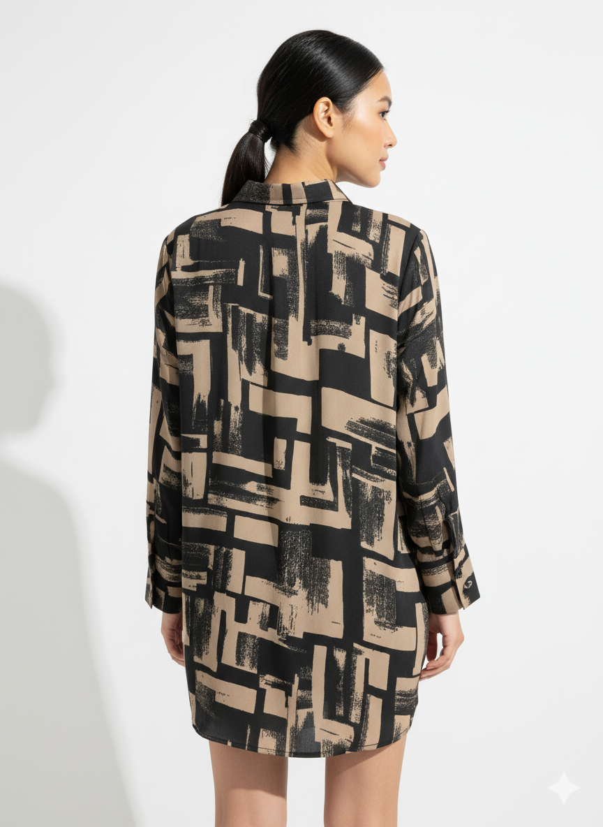 Fs44 1025 Tan & Black Abstract Print Long Sleeve Shirt Dress