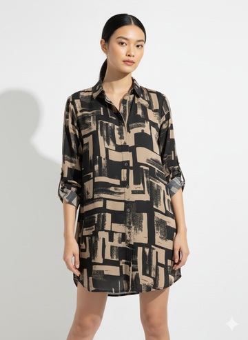 Fs44 1025 Tan & Black Abstract Print Long Sleeve Shirt Dress